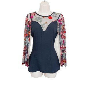 Blouse Womens Small Black Floral Patchwork Embroidered Lace Flounce Long Sleeve